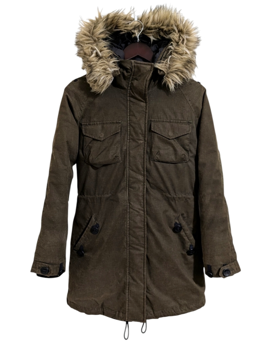 Aritzia Community Olive Green Paradigm Down Parka Coat XS Faux Fur Hood